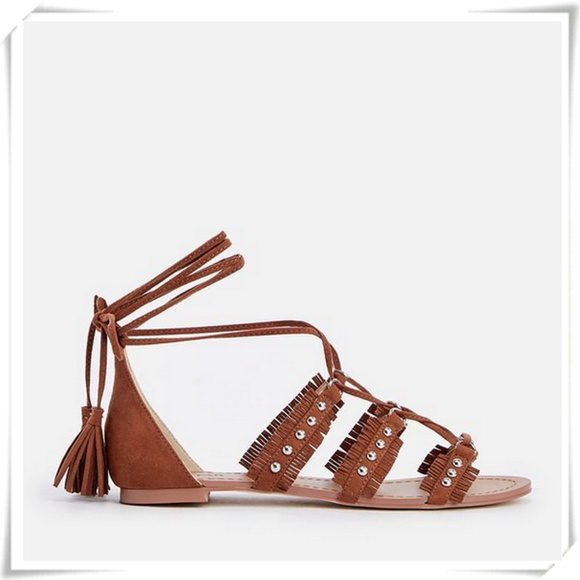Flat Boho Fringe Gladiator Lace Up Tassels Sandals - Picture 2 of 3